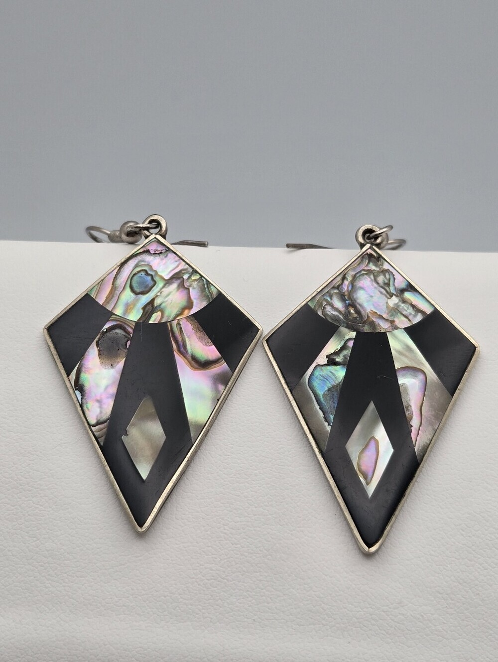 Vintage Alpaca Silver Abalone & Black Onyx Kite Dangle Earrings 2.5"